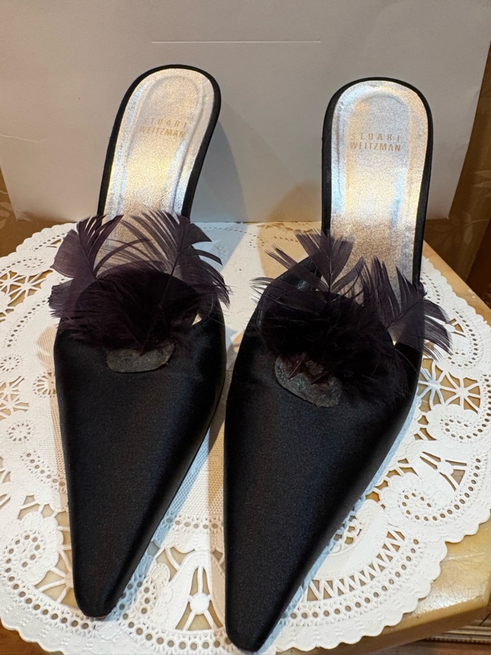 Stuart Weitzman Black Satin Feather Slip-On Mules